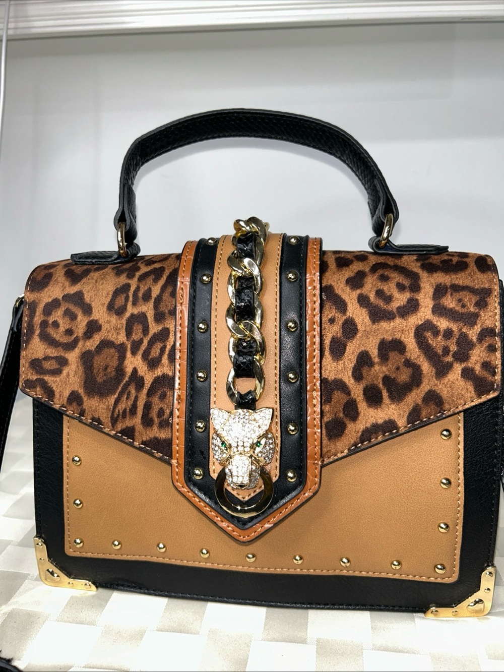Aldo Leopard Accent Tan and Black Top-Handle Crossbody
